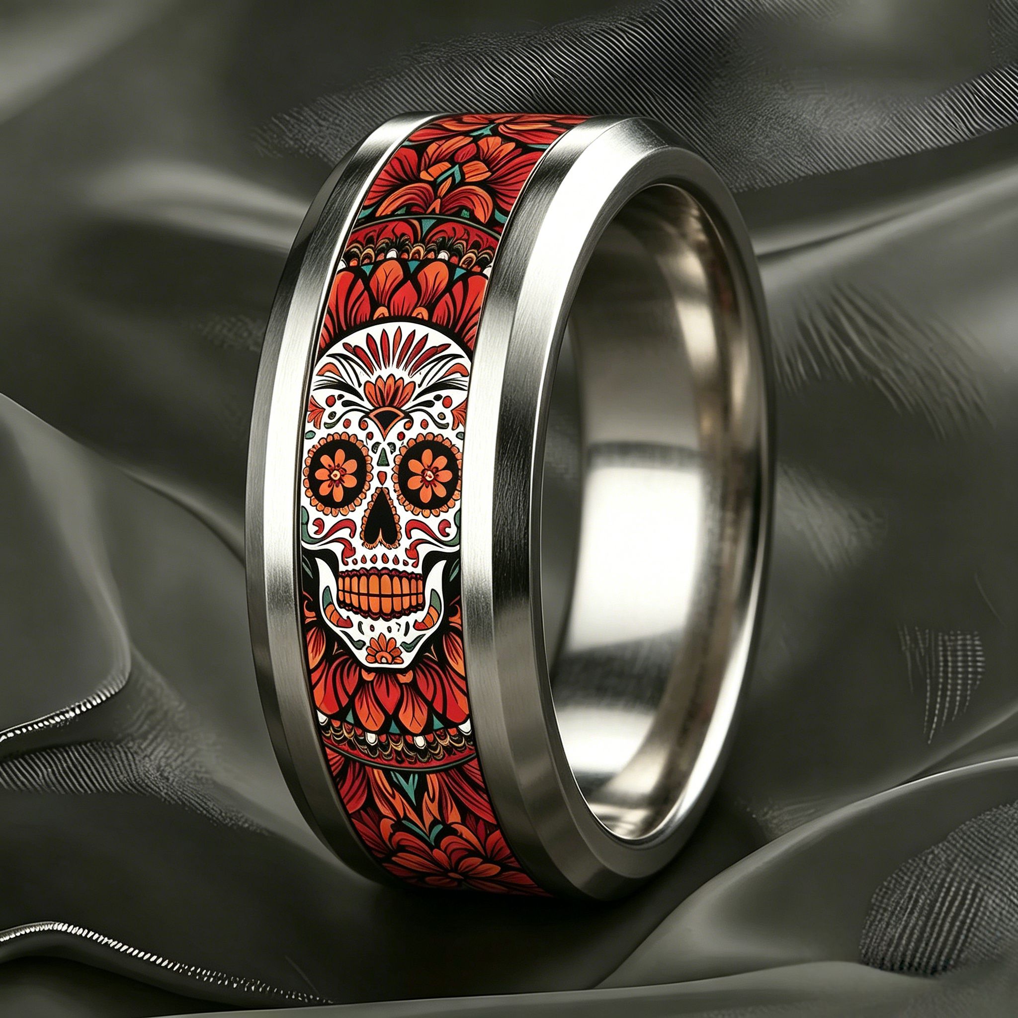 Exotic Undead Style Hand-Painted Candy Skull Stainless Steel Ring